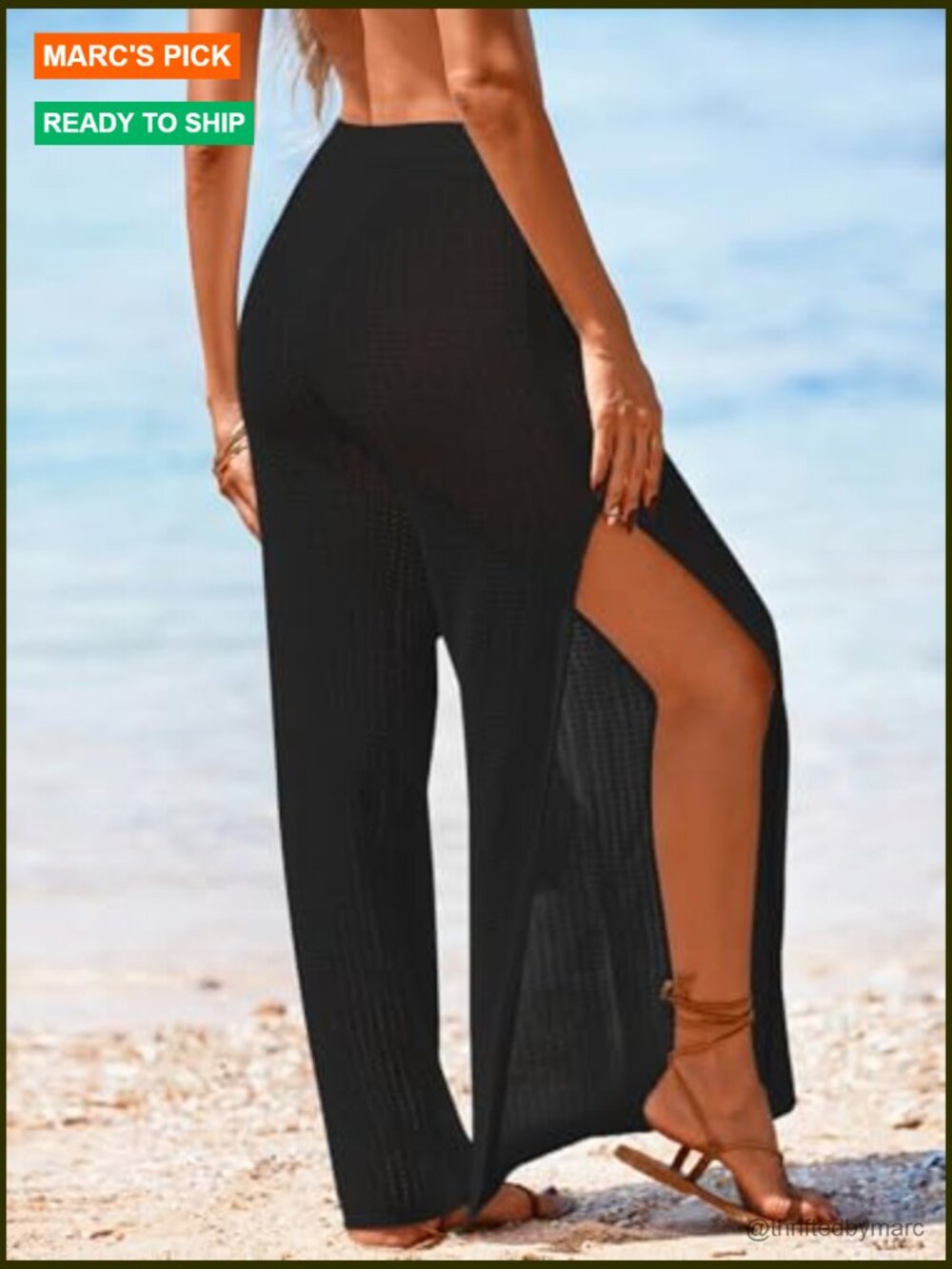 Crochet Knit Elastic Waist Beach Coverup Pants Side Slit Sheer - Picture 3 of 7